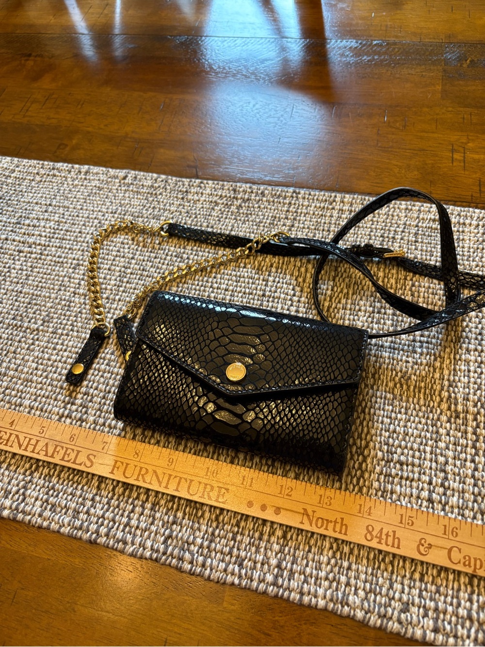 Michael Kors Black Snake-Texture Crossbody Wallet with Gold Chain
